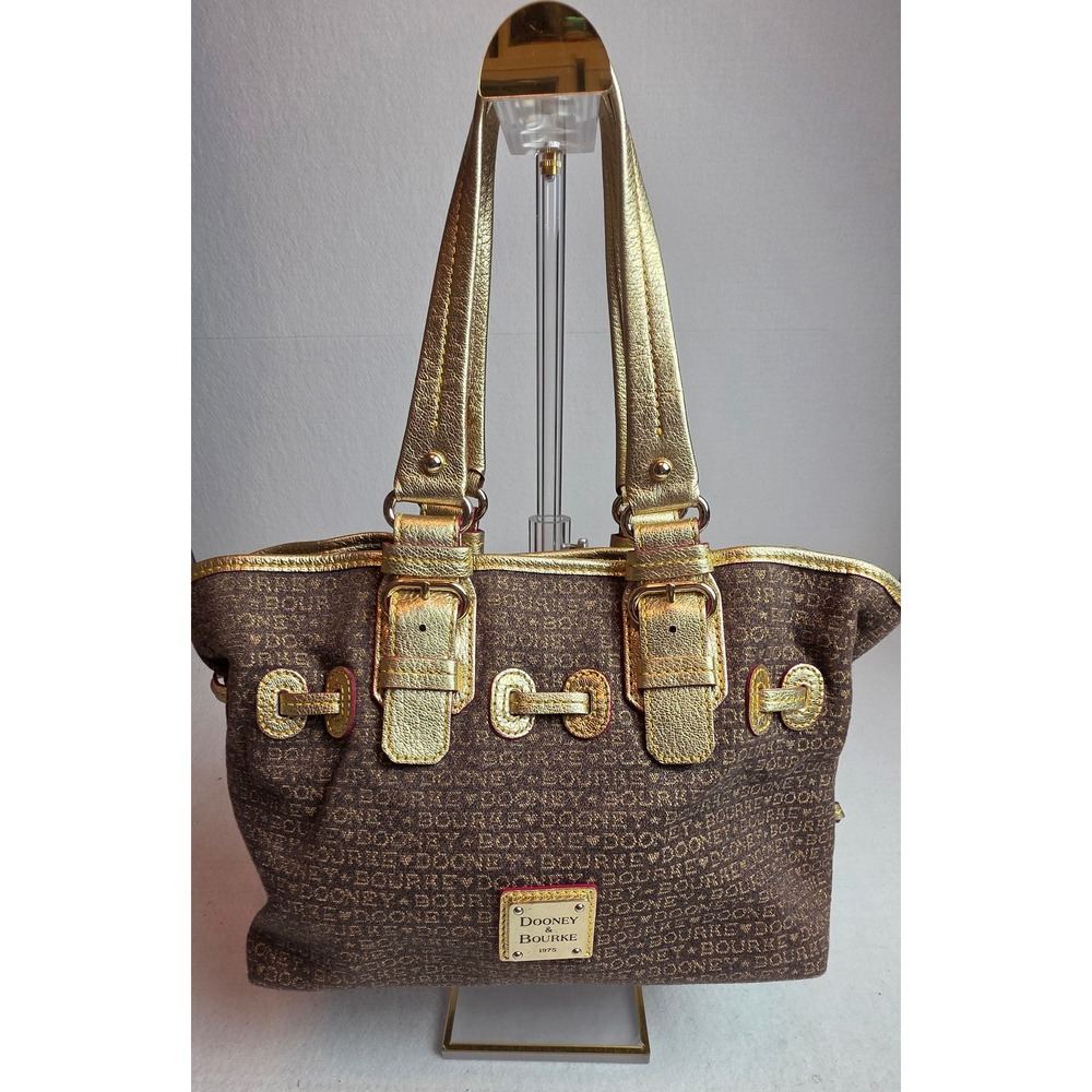 Dooney & Bourke Signature Monogram Tote Bag Brown Gold Metallic Leather Trim
